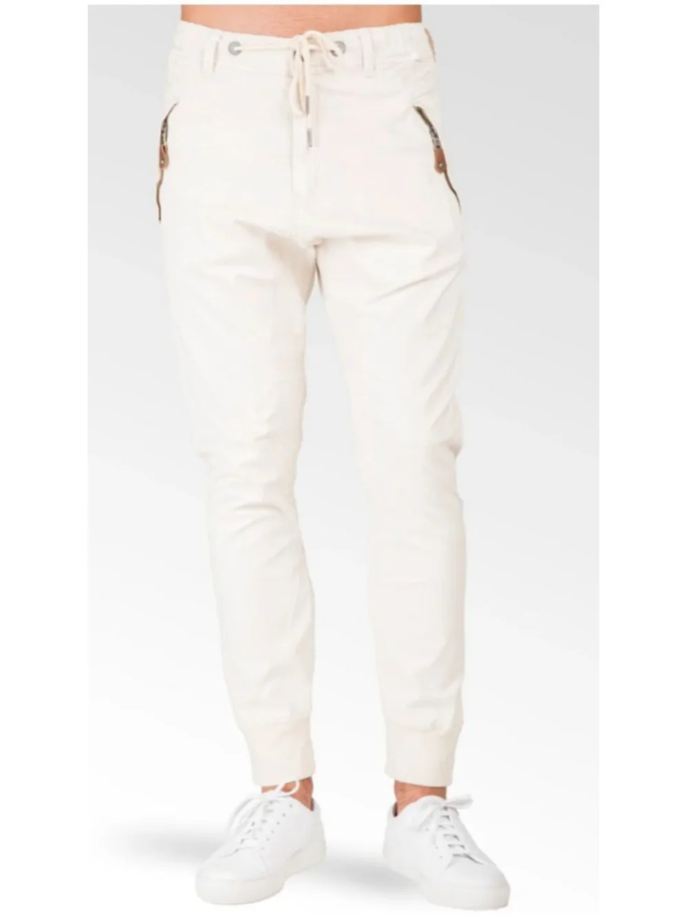 Relaxed Ecru Premium Stretch Twill Drop Crotch Jogger Jeans Zipper Pocket. SZ 34